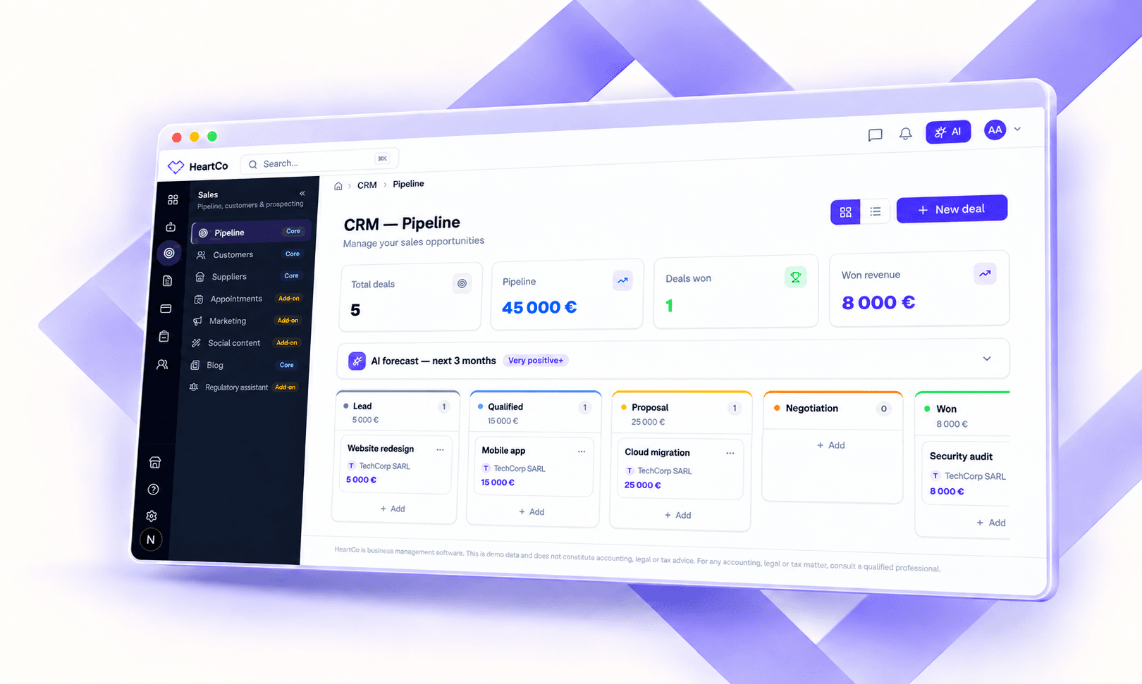 HeartCo demo CRM interface in a violet browser frame