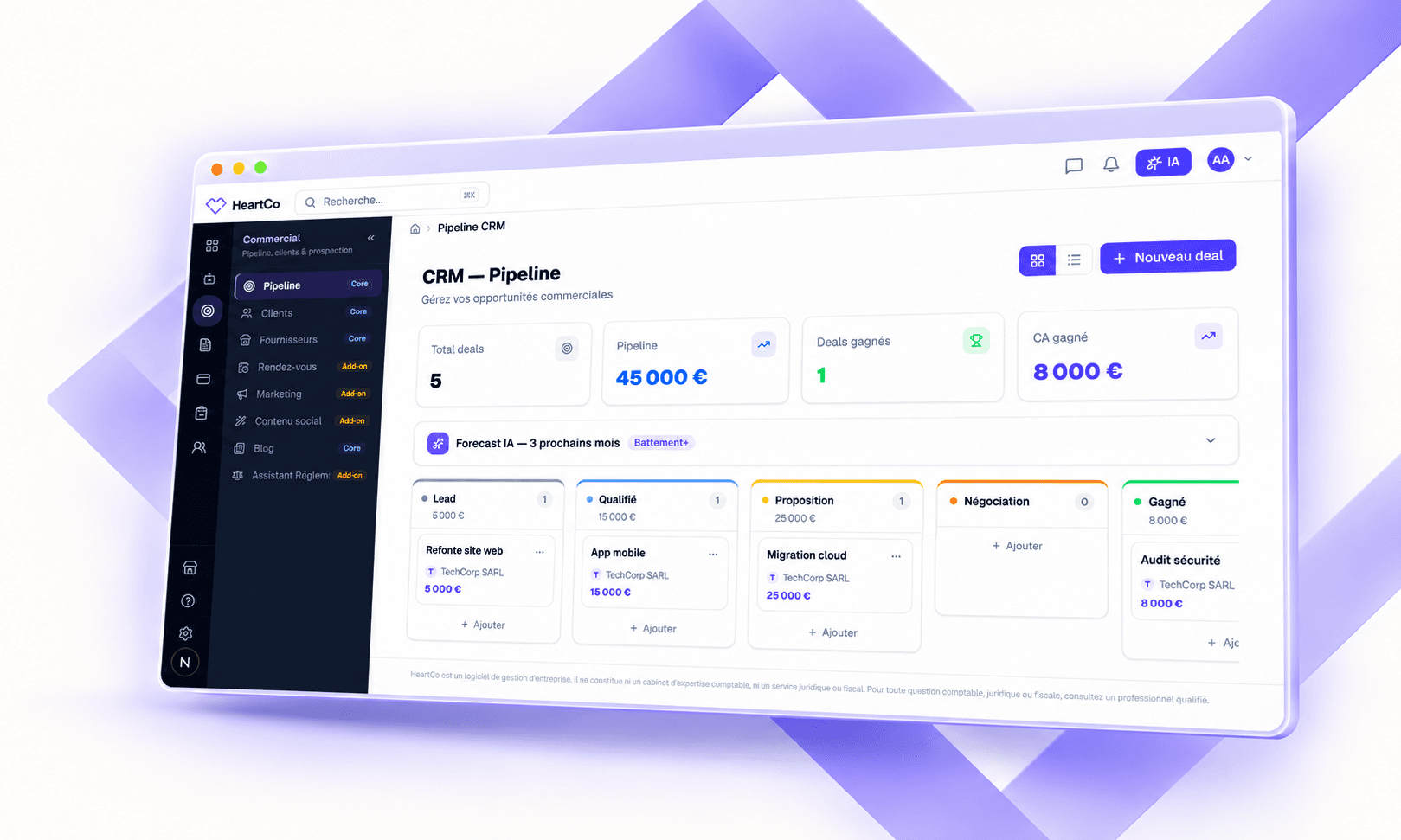 Interface CRM de démonstration HeartCo dans un cadre violet